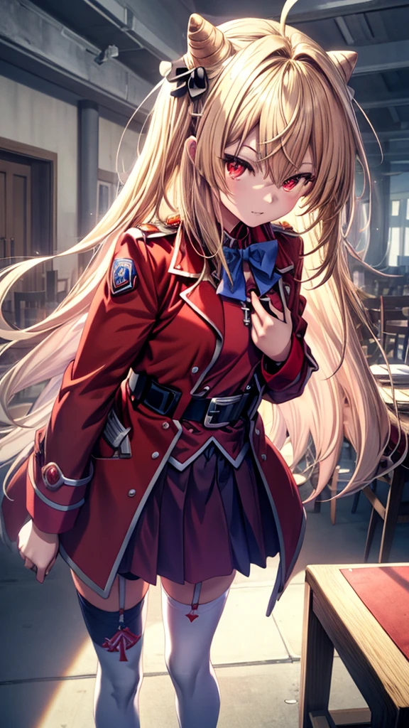 ((Best Quality)), ((Masterpiece)), (detailed), (full body view), {Terakomari Gandesblood}, {1girl, Alone, long hair, blonde hair, cone hair bun, hair ornament, hair intakes, Ahoge, bangs, red eyes, blue bowtie, red jacket, red coat, long sleeves, belt, white skirt, garter straps, white thighhighs}, red katana in hands, {correct anatomy}, (remove noise), (16k resolution), (ultra definition), (quality 1.1), (Best Quality anime), (illuminated by god).