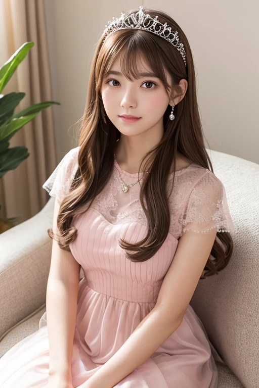 A brown-haired woman wearing a light pink dress and a tiara、The whole body is visible、Sitting