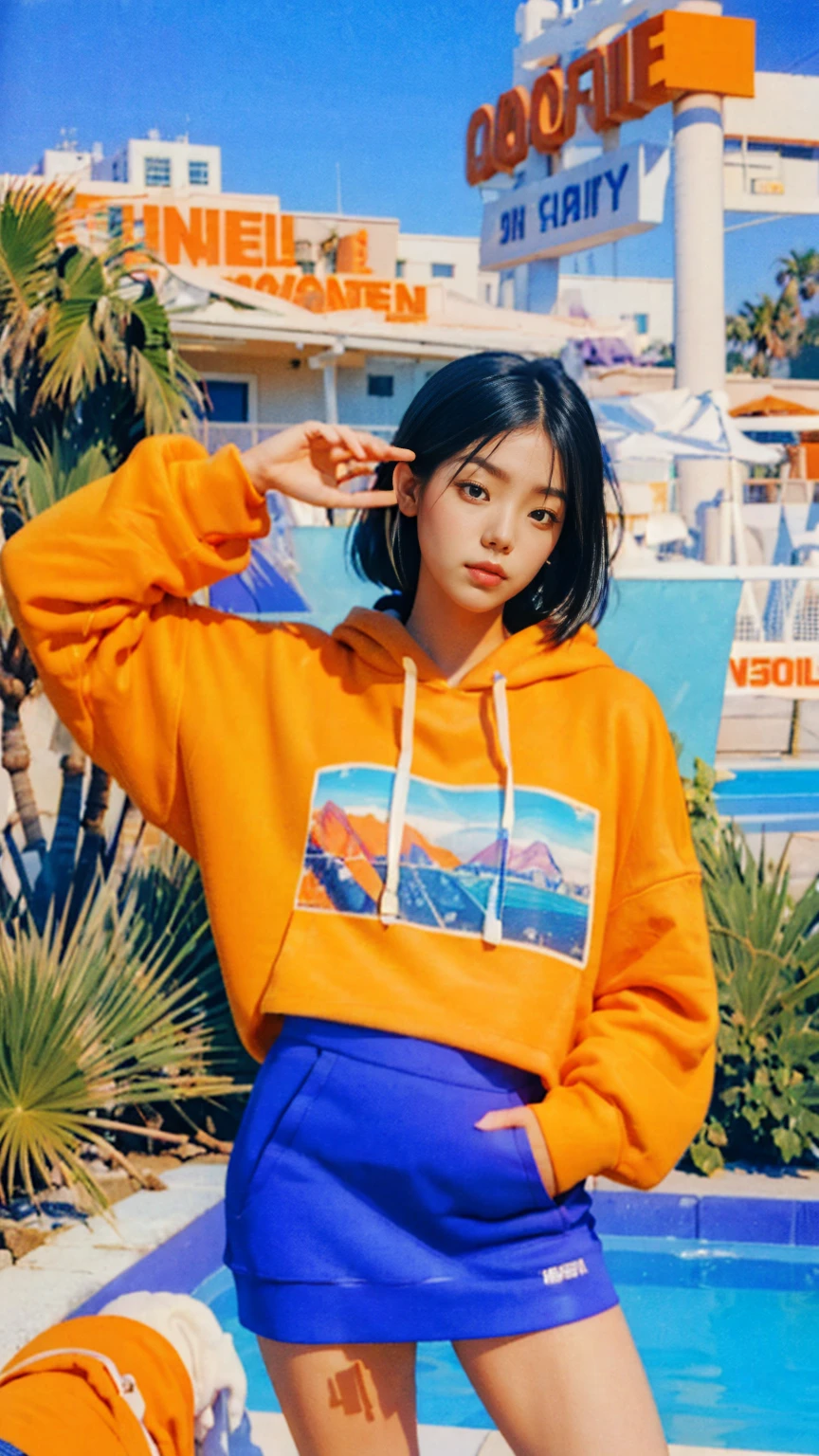 1 girl, wear ((orange oversized hoodie)), (purple tennis skirt),focus on the clothes, japanese streetwear,hypebeast,Best Quality,Masterpiece,Ultra High Resolution,(Realisticity:1.4),Original Photo, 1Girl, light leak,dark intens shadow,ultra high resolution,UHD,beautiful, (black bob hair), almond eye, no makeup, in front of (80's pool architecture colorful motel), (realistic:1.2), (surreal:1.3), (very detailed:1.1), ((masterpiece)),summer, blue sky, palm trees,sunny, los angles vibes