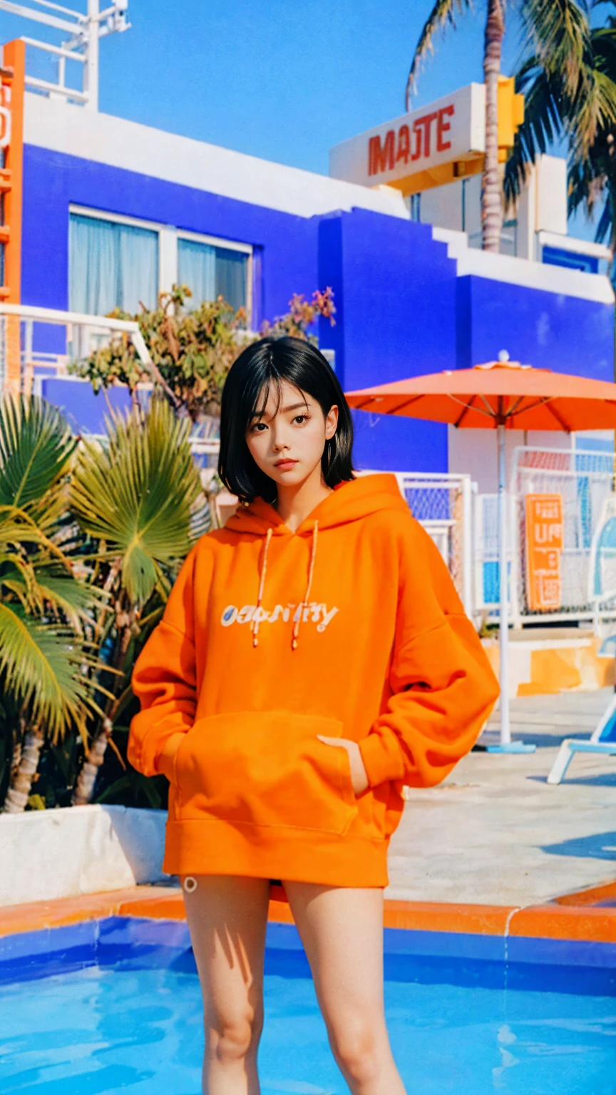 1 girl, wear ((orange oversized hoodie)), (purple tennis skirt),focus on the clothes, japanese streetwear,hypebeast,Best Quality,Masterpiece,Ultra High Resolution,(Realisticity:1.4),Original Photo, 1Girl, light leak,dark intens shadow,ultra high resolution,UHD,beautiful, (black bob hair), almond eye, no makeup, in front of (80's pool architecture colorful motel), (realistic:1.2), (surreal:1.3), (very detailed:1.1), ((masterpiece)),summer, blue sky, palm trees,sunny, los angles vibes