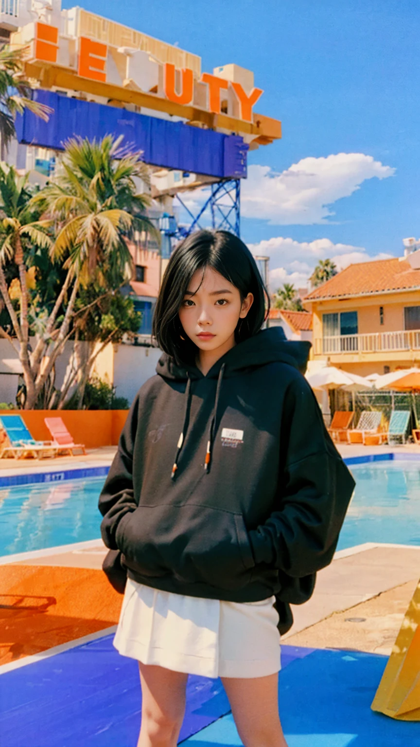 1 girl, wear ((orange oversized hoodie)), (purple tennis skirt),focus on the clothes, japanese streetwear,hypebeast,Best Quality,Masterpiece,Ultra High Resolution,(Realisticity:1.4),Original Photo, 1Girl, light leak,dark intens shadow,ultra high resolution,UHD,beautiful, (black bob hair), almond eye, no makeup, in front of (80's pool architecture colorful motel), (realistic:1.2), (surreal:1.3), (very detailed:1.1), ((masterpiece)),summer, blue sky, palm trees,sunny, los angles vibes