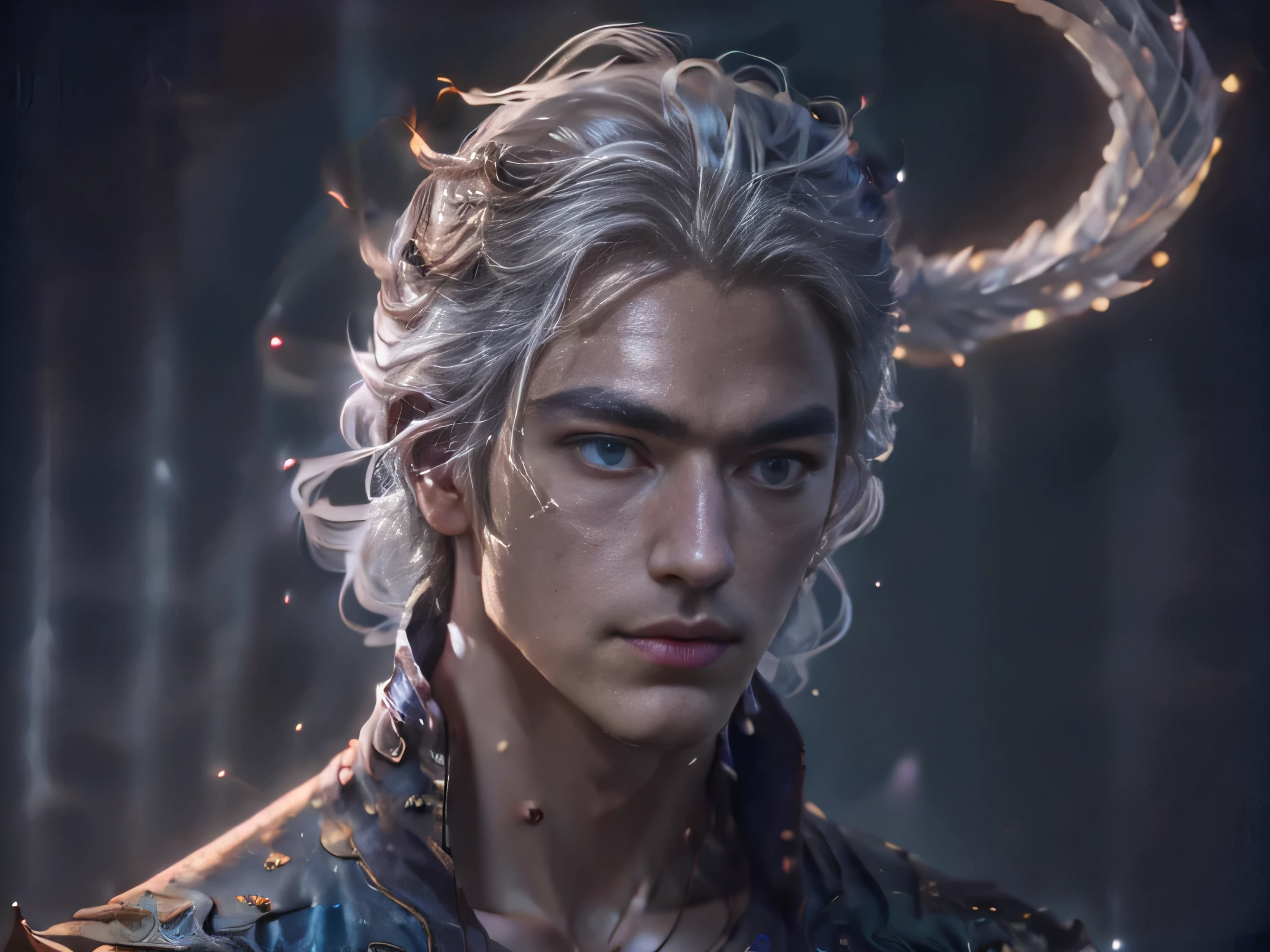 (Best Quality, 8K, Masterpiece, HDR, Soft Lighting, Picture Perfect, Realistic, Vivid), Male Humanoid Dragon (1.0), 1 Guy, Perfect Face, Super Detailed Photo of a Gorgeous Humanoid Dragon Man with Long White Hair, Side by Side lies a white dragon, Beautiful anime fantasy, background blur, anime fantasy, work in the style of Gouves, realism: 1.37, long white hair, plump lips, (Ultra high quality fantasy art), Masterpiece, male model, male character ultra high quality designs, detailed 8k anime art, realistic anime art, highest quality wallpapers, intricate ultra high quality accurate male characters faces, high quality designs and accurate physics (fantasy - ultra high quality art), dark fantasy style), masterpieces, super high quality quality characters, anime resolution - 8K, realistic anime art, wallpapers with the highest quality illustrations, ultra-high detail faces, high-quality design and accurate physics), color, depth of field, shadows, ray tracing, high-quality execution. -high quality and 8K resolution, (Accurate simulation of the interaction of light and materials)], [High-quality hair detail [Read more about beautiful and shiny white hair]], (Beautifully detailed hands [perfect fingers [Perfect nails]]], (perfect anatomy ( perfect proportions)))) [[Full-length]], [Perfect combination of colors (Accurate imitation of the interaction of light and material)], [art that conveys the meaning of the story](modified)