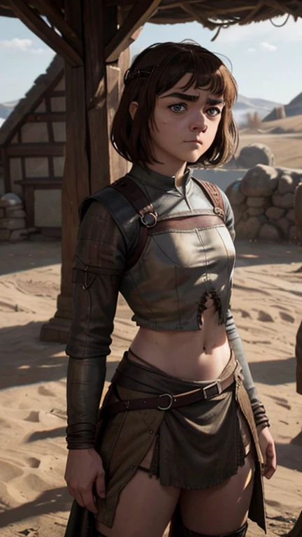 8k, Maisie Williams face, pale skin, toned abs, small breast, round ass, her round ass visible, brown hair, Maisie Williams as Arya Stark, torn ragged peasant clothes, standing stance, winterfell in background