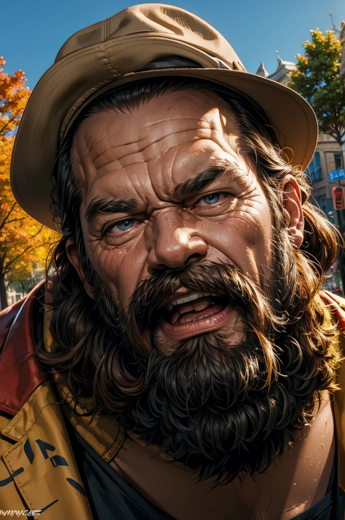 Bud Spencer, portrait, muscular old man in park, happy, autumn, suits, vector, mwvector