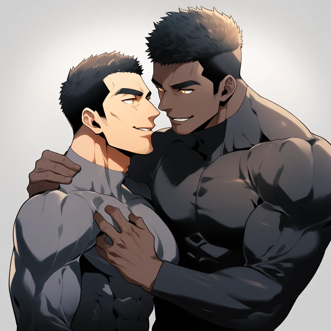 anime characters:Two superheroes in tights, Muscle superhero, negro black skin, They hugged and kissed each other, Bite your neck, Caress, Manliness, male focus, Yellow and black high collar long sleeve tight T-shirt, Slightly transparent material, Very tight, Round, full and perky chest muscles, Muscle waist, Slightly transparent, muscular male, muscular, only, Upper body, alone, Black short hair, Thick eyebrows, stubble, Yellow eyes, Grey background, simple background, amazing quality, best aesthetics, Ridiculous, bright pupils, crew cut, parted lips, seductive smile, torogao, naughty face, drop shadow, best quality