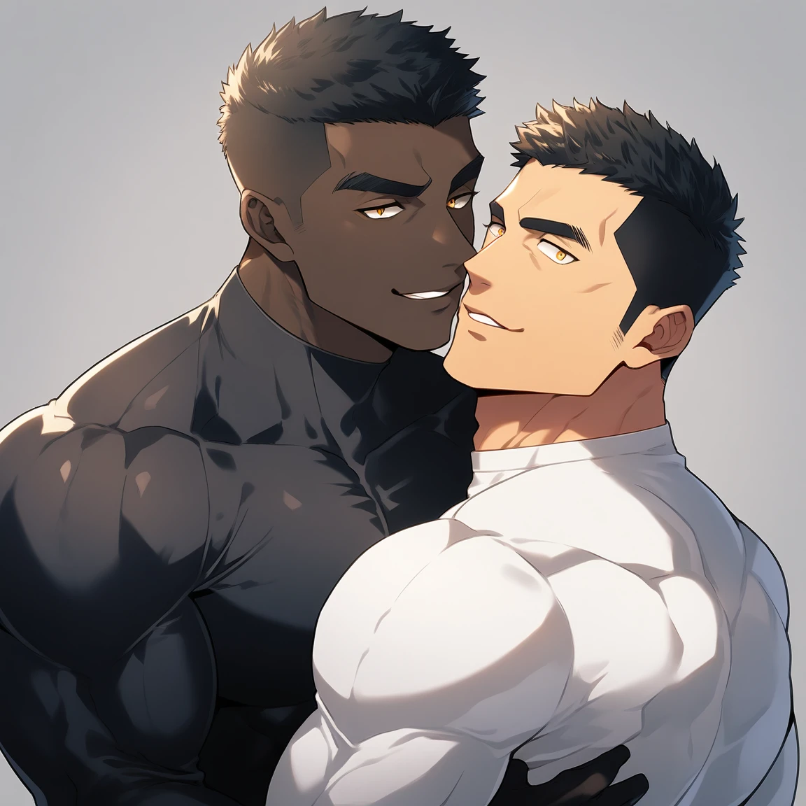 anime characters：Two superheroes in tights, Muscle superhero, negro black skin, They hugged and kissed each other, Bite your neck, Caress, Manliness, male focus, Yellow and black high collar long sleeve tight T-shirt, Slightly transparent material, Very tight, Round, full and perky chest muscles, Muscle waist, Slightly transparent, muscular male, muscular, only, Upper body, alone, Black short hair, Thick eyebrows, stubble, Yellow eyes, Grey background, simple background, amazing quality, best aesthetics, Ridiculous, bright pupils, crew cut, parted lips, seductive smile, torogao, naughty face, drop shadow, best quality