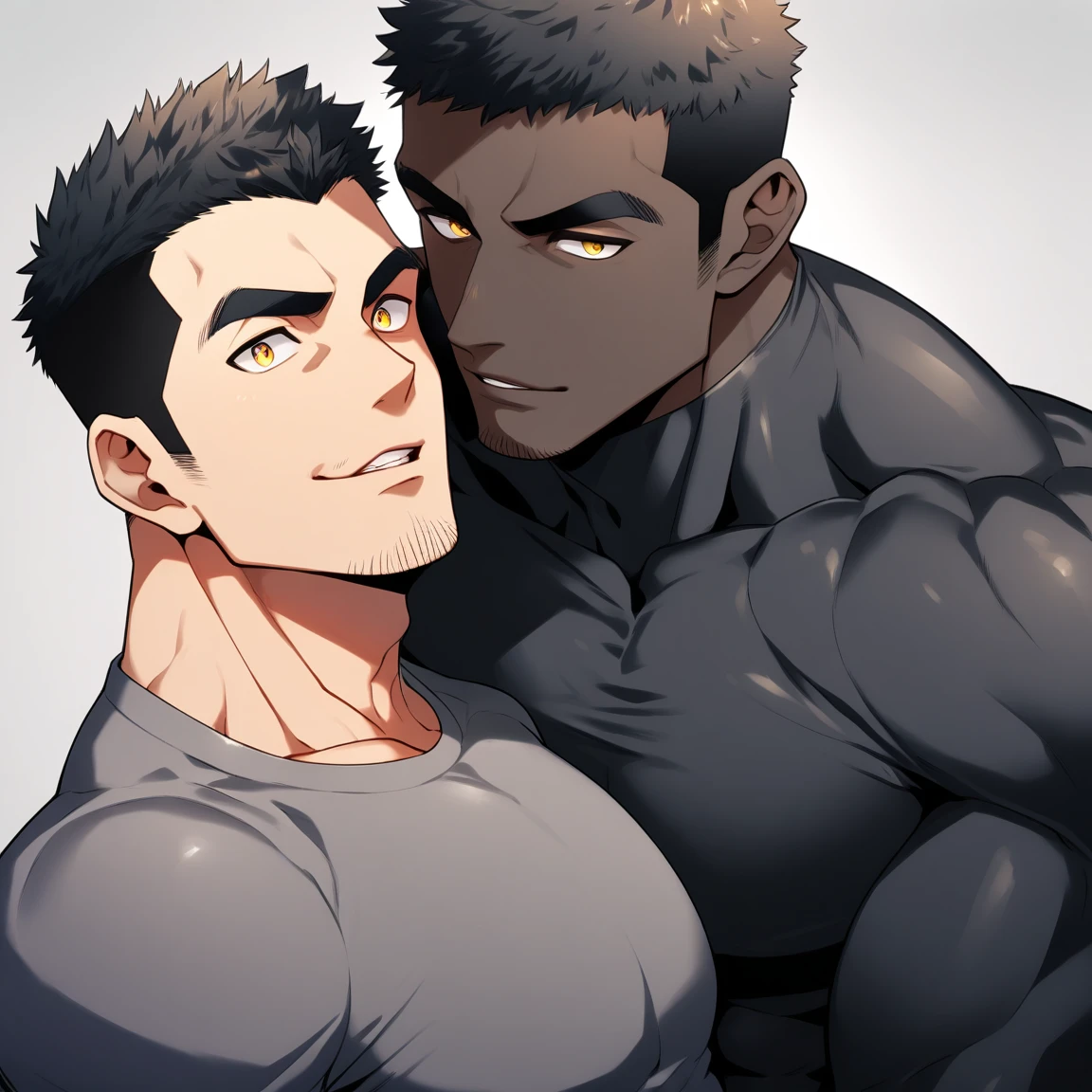 anime characters:Two superheroes in tights, Muscle superhero, negro black skin, They hugged and kissed each other, Bite your neck, Caress, Manliness, male focus, Yellow and black high collar long sleeve tight T-shirt, Slightly transparent material, Very tight, Round, full and perky chest muscles, Muscle waist, Slightly transparent, muscular male, muscular, only, Upper body, alone, Black short hair, Thick eyebrows, stubble, Yellow eyes, Grey background, simple background, amazing quality, best aesthetics, Ridiculous, bright pupils, crew cut, parted lips, seductive smile, torogao, naughty face, drop shadow, best quality