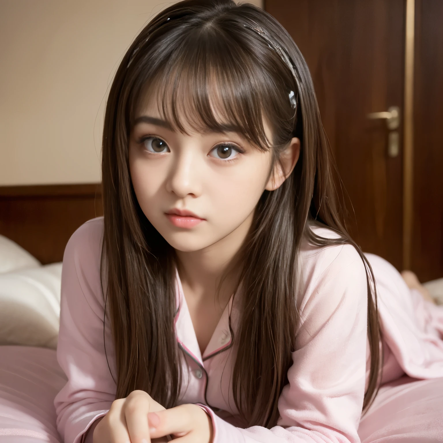 (Best-quality, Masterpiece, Ultra-High-Resolution, (Photorealistic:1.4), Raw Photo, depth of field, professional lighting, perfect anatomy, extremely details), 1girl, 15-years-old, the most famous Japanese idol, (extremely cute face like the most popular Japanese idol, ((extremely cute and extremely big eyes)), extremely beautiful hair, extremely beautiful skins), extremely cute long-eyelashes, extremely cute lips, 
in private-room, 
wearing pajamas with cute-design, detailed pajamas-with-cute-design, 
(have ingested large amounts of sex-drugs), (experiencing abnormal sexual arousal and abnormal sexual pleasure):1.3)
