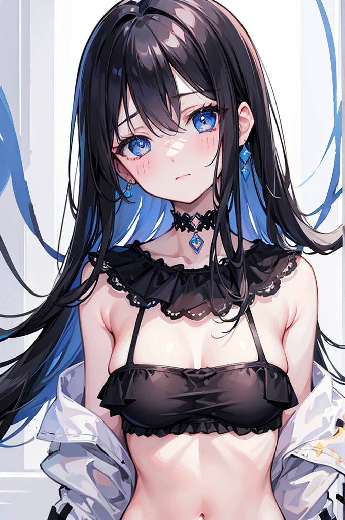 (masterpiece), best quality, expressive eyes, perfect face, black hair, blush, black choker, blue eyes, shoulder showing, happy, bikini