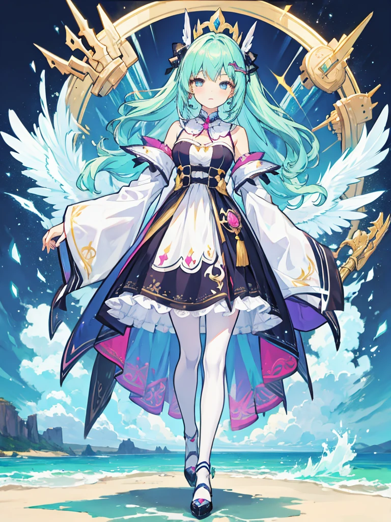 fantasy world girl with colorful hair, accessories, detailed clothes, pantyhose