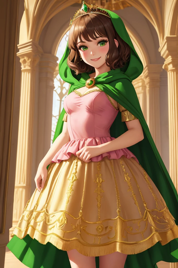masterpiece, best quality:1.2), 1girl, smile, looking at viewer, green eyes, short brown hair, princess, princess dress, wearing puffy pink ballgown reaching the floor, green cloak cape, golden tiara with veil, standing in ballroom of medieval castle