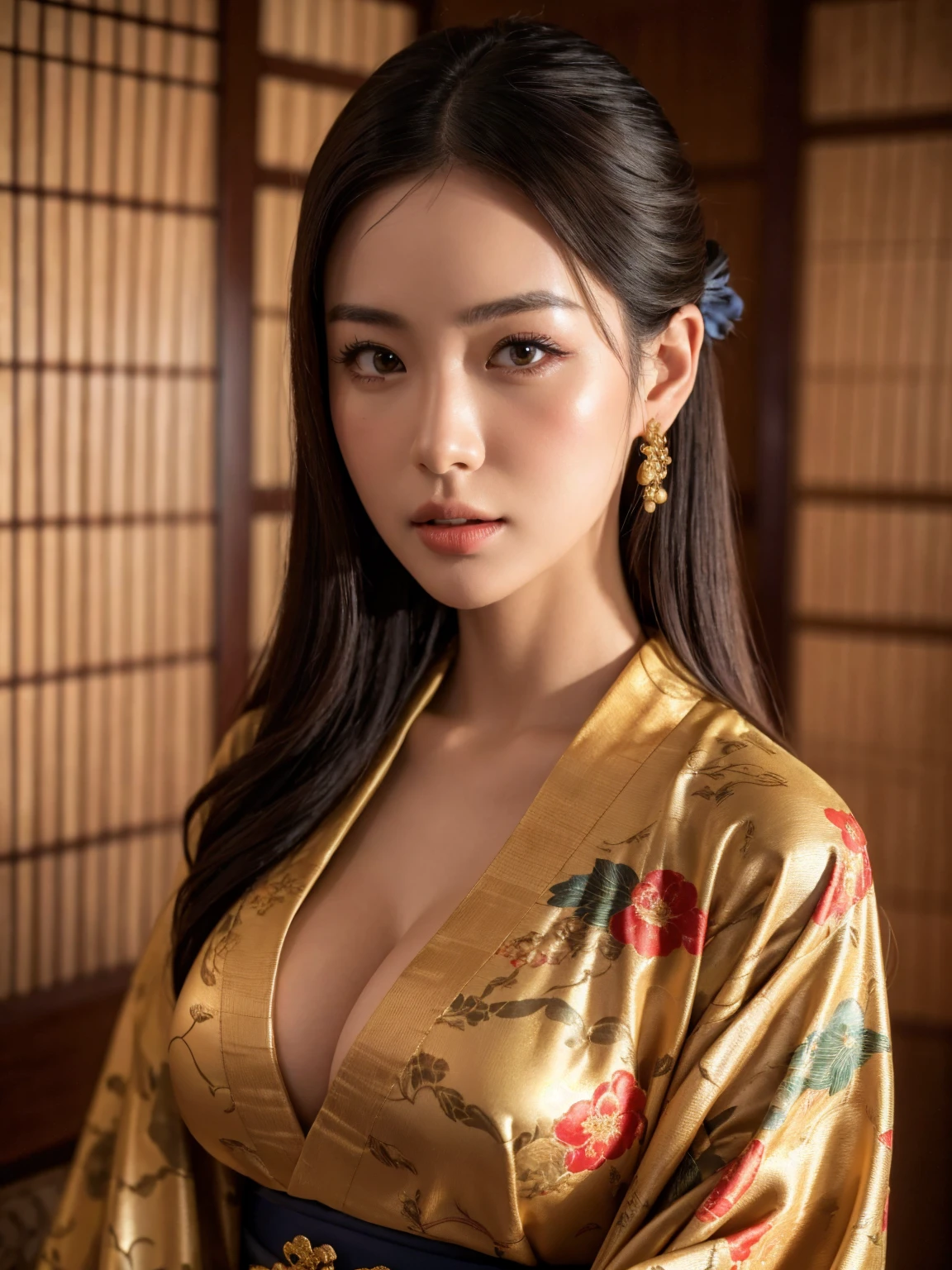 big breasted japanese woman in elaborate kimono, ornate shrine, cinematic atmosphere, (best quality,4k,8k,highres,masterpiece:1.2),ultra-detailed,(realistic,photorealistic,photo-realistic:1.37),(looking at viewer),highly detailed face,beautiful detailed eyes,beautiful detailed lips,extremely detailed eyes and face,long eyelashes,intricate kimono design,ornate shrine background,warm lighting,dramatic shadows,vibrant colors,photorealistic