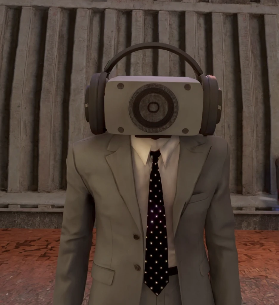 there is a man wearing a suit and headphones with a microphone on his head, garry's mod, simin stalenhag, wearing a vr-headset, wearing vr, wearing a vr headset, wearing a plug suit, 3rd person camera, with head phones, joe biden in team fortress 2, bill gates in overwatch, radio goggles, cyberpunk headset