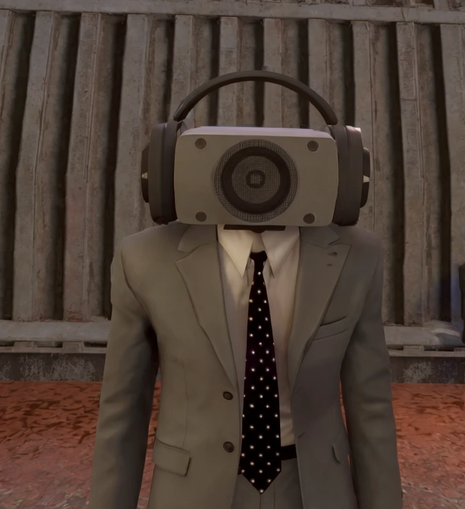 there is a man wearing a suit and headphones with a microphone on his head, garry's mod, simin stalenhag, wearing a vr-headset, wearing vr, wearing a vr headset, wearing a plug suit, 3rd person camera, with head phones, joe biden in team fortress 2, bill gates in overwatch, radio goggles, cyberpunk headset