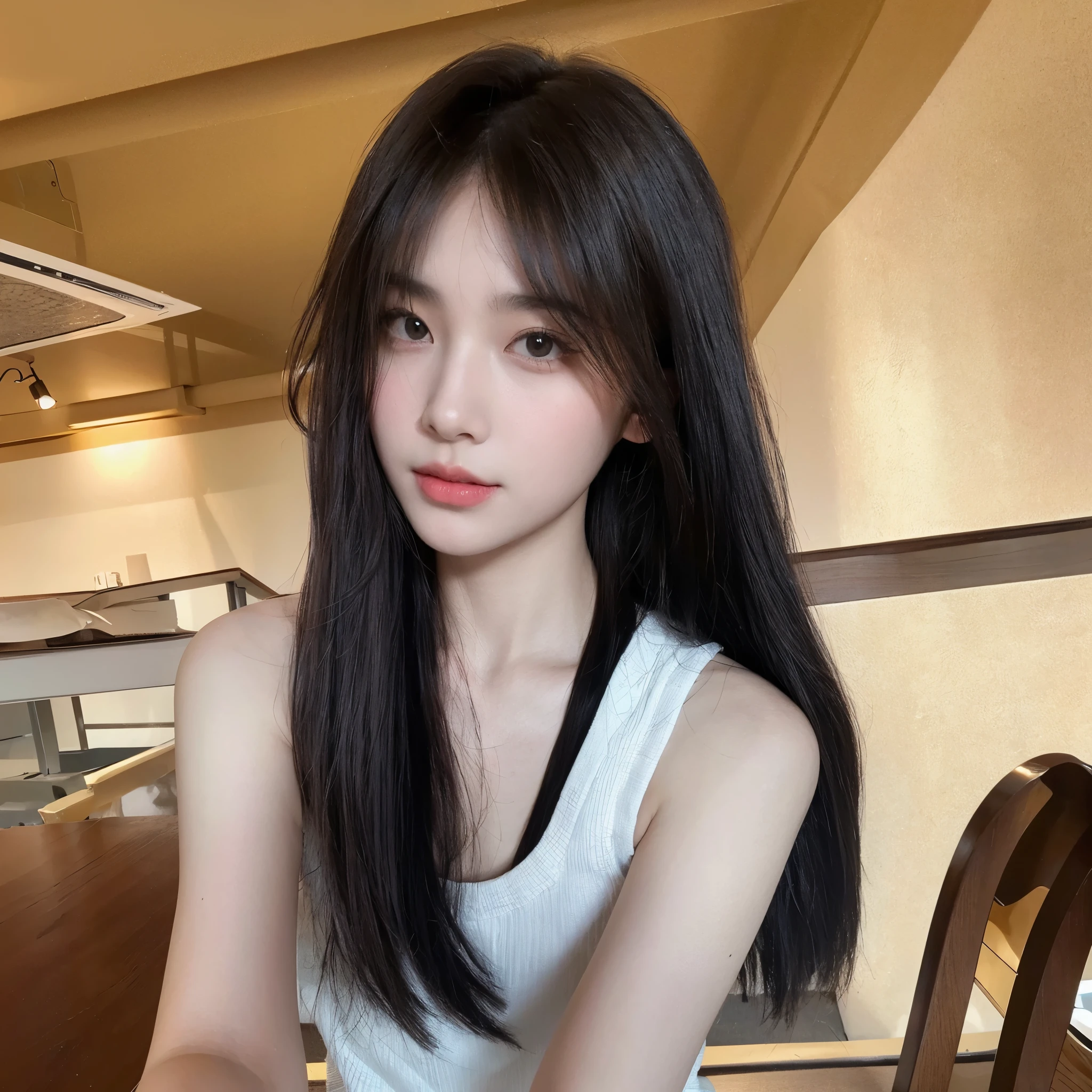 Middle-parted bangs，Black long straight，The background is simple, clean and tidy，Natural and beautiful hair