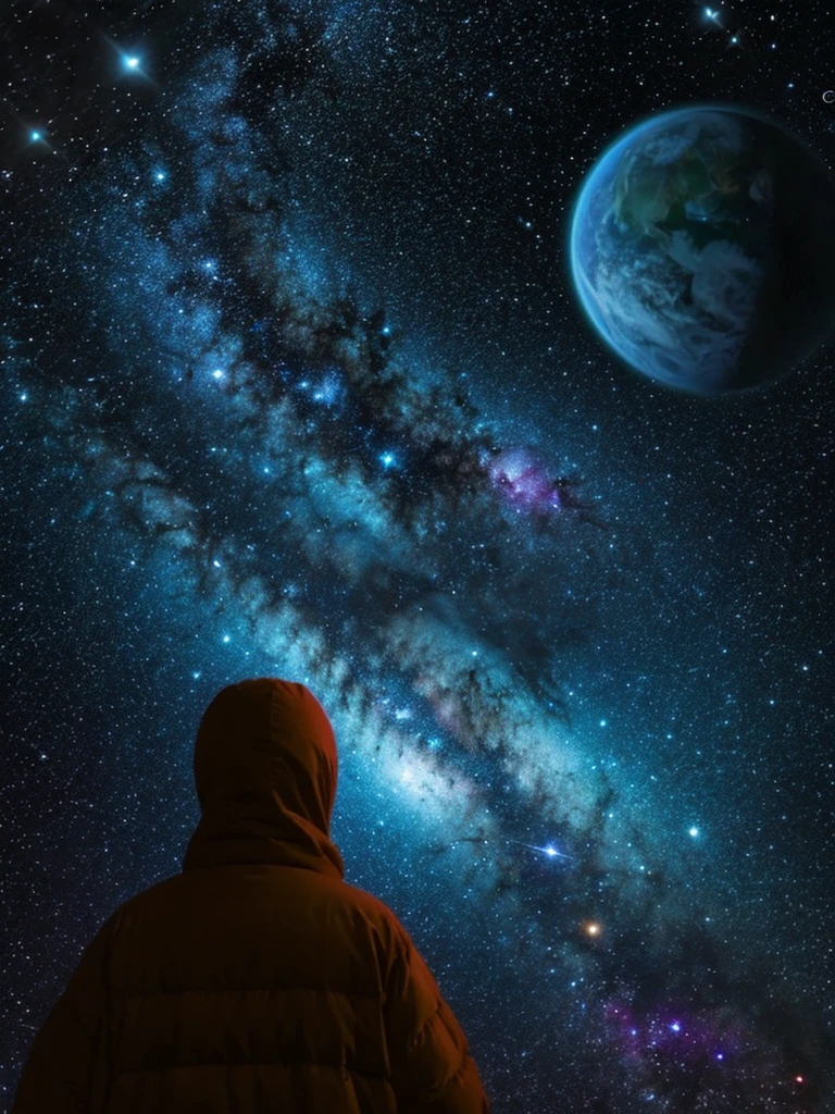 A mysterious person in the middle of the universe is looking at you,Humans can't see clearly,Backlight, A fantastic atmosphere, Auric