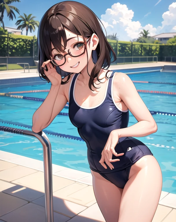 Posing backwards、Glasses, smile、 happy, Small breasts,School Swimsuit、Pool、[ Brown Hair], freckles,transformation、