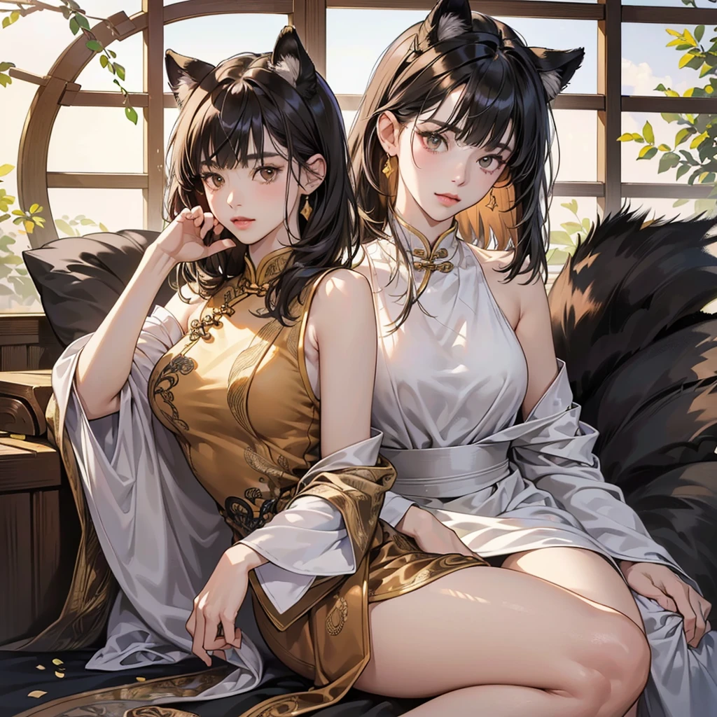Two women in their 20s、 Fantasia、offcial art, unity 8k wall paper, ultra-detailliert, beautifly、Aesthetic, masterpiece, top-quality、high-detail、A hyper-realistic、Photorealsitic、Braids、Bunching hair、Black eyes、Tanuki face、Tanuki Girl、Tanuki ears、Raccoon tail、Collar with bell:2.0、Brown and black yukata、depth of fields, Fantastic atmosphere, Calm palette, tranquil mood, Soft shading、bbw、very large breast、plump figure、Huge breasts、In the dark forest、a plant、Flushed cheeks、Lick your cheeks、Good friends