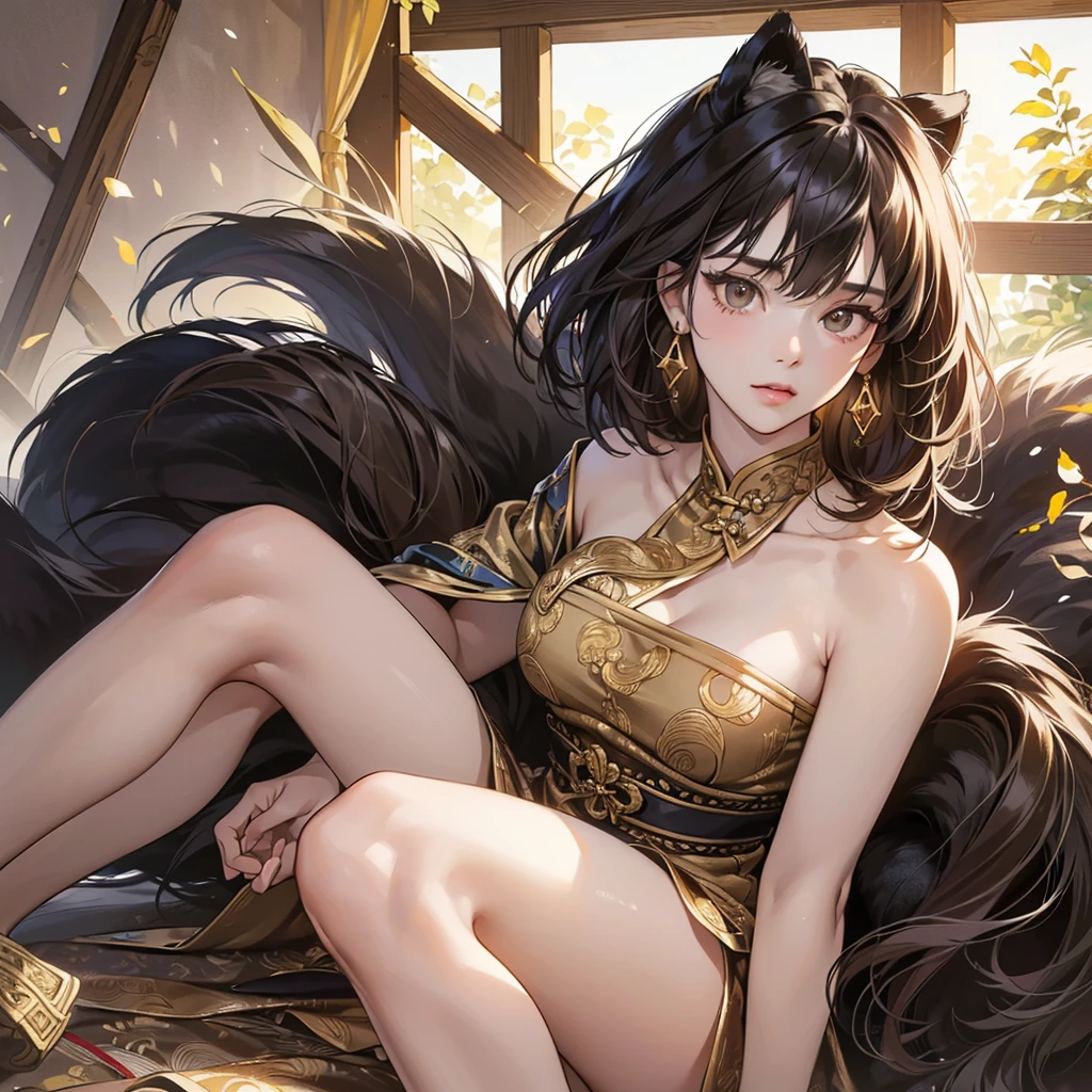(Masterpiece:1.2, premium), (realist, photorealist:1.4), beautiful illustration, (Natural side lighting, movie lighting),
looking at the viewer, 1 girl, Japanese, girl de secundaria, Perfect face, cute and symmetrical face, shiny skin,
(wide, pierce hair, by rubio), hair between the eyes, gold eyes, long eyelashes, (medium breasts), slender,
beautiful hair, beautiful face, Beautiful detailed eyes, beautiful clavicle, beautiful body, beautiful chest, beautiful thigh, nice legs, beautiful fingers,
(girl,whole body,(detailed face:1.2), Masterpiece, fashion,chinese dress,, medium hair, black fur, two tails, blunt bangs, Brown eyes,