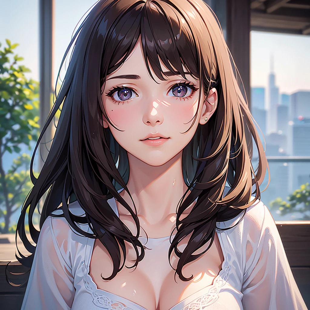 masterpiece, Best Quality, Very detailed, 1 girl beautiful face, Long black hair in a ponytail, Very detailed eyes, bright Eyes, evening, penis in the face, big penis, penis over one eye.