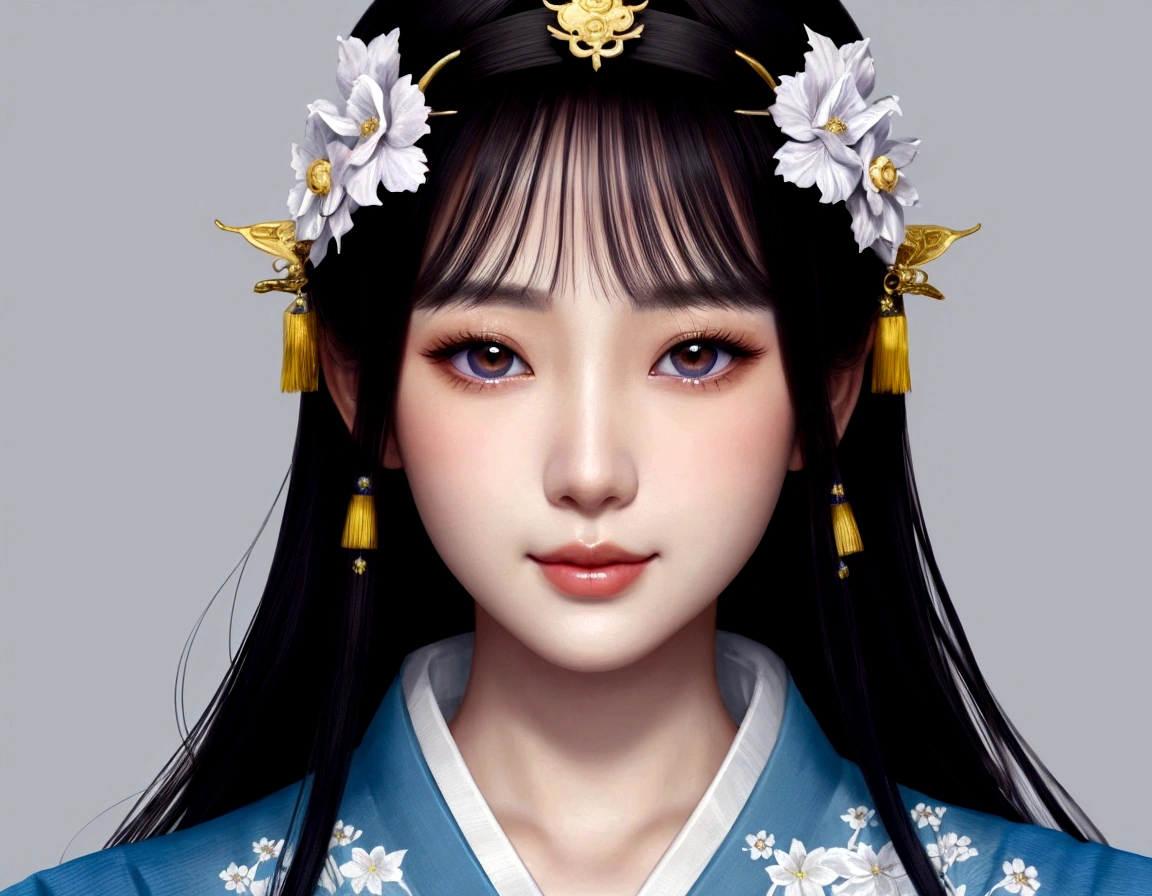 beautiful detailed eyes, beautiful detailed lips, extremely detailed eyes and face, long eyelashes, 1 girl, blue kimono, white background, palace, hanfu, artwork in the style of Gueweiz, beautiful artwork illustration, intricate digital illustration, beautiful digital art, japanese goddess, beautiful fantasy queen, japanese fantasy, beautiful fantasy art portrait, Gueweiz, beautiful digital illustration, graceful japanese woman, chinese fantasy, from front, smile, bust-up