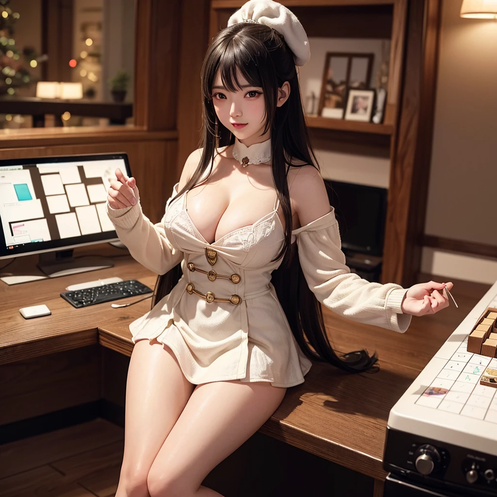 NSFW, sexy, erotic, a hyper-realistic anime-style girl VTuber with long, flowing hair and large, sparkling eyes is live streaming, sitting at her desk in an exquisitely detailed and cozy room adorned with intricate posters, plush toys, and various decorations. The desk is cluttered with streaming equipment illuminated by vibrant, colorful LED lights, creating a captivating and lively atmosphere. She is wearing an adorable outfit and holding a steaming cup of hot cocoa. The angle changes to an extremely dynamic and unique view, focusing intently on the surface of the hot cocoa, featuring an incredibly detailed and charming cute girl design as latte art, without a saucer. Her hand and part of her face are visible as she joyfully introduces the hot cocoa to her viewers. Elements of her live streaming setup, including a microphone, camera, and chat screen, are prominently displayed on the desk, alongside scattered mahjong tiles and a monitor showcasing an intense mahjong game stream. The background is rich with meticulously crafted items, enhancing the cozy and mysterious ambiance. The warm, inviting room light and vibrant LED lights provide a stunning contrast, creating a perfect balance of brightness and shadow. Every detail is rendered with the highest level of precision and clarity, showcasing the warmth of the scene and the allure of the hot cocoa with cute girl latte art, while emphasizing the thrilling mahjong game stream in the most breathtaking quality imaginable. The VTuber's enthusiasm and love for both hot cocoa and mahjong are vividly depicted, making her personality shine through in this extraordinary masterpiece. Enhance the overall resolution and detail to the highest possible level for a strikingly detailed and vibrant image.