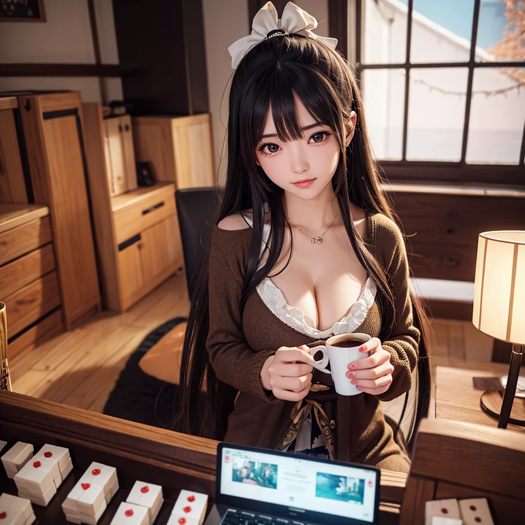 NSFW, sexy, erotic, a hyper-realistic anime-style girl VTuber with long, flowing hair and large, sparkling eyes is live streaming, sitting at her desk in an exquisitely detailed and cozy room adorned with intricate posters, plush toys, and various decorations. The desk is cluttered with streaming equipment illuminated by vibrant, colorful LED lights, creating a captivating and lively atmosphere. She is wearing an adorable outfit and holding a steaming cup of hot cocoa. The angle changes to an extremely dynamic and unique view, focusing intently on the surface of the hot cocoa, featuring an incredibly detailed and charming cute girl design as latte art, without a saucer. Her hand and part of her face are visible as she joyfully introduces the hot cocoa to her viewers. Elements of her live streaming setup, including a microphone, camera, and chat screen, are prominently displayed on the desk, alongside scattered mahjong tiles and a monitor showcasing an intense mahjong game stream. The background is rich with meticulously crafted items, enhancing the cozy and mysterious ambiance. The warm, inviting room light and vibrant LED lights provide a stunning contrast, creating a perfect balance of brightness and shadow. Every detail is rendered with the highest level of precision and clarity, showcasing the warmth of the scene and the allure of the hot cocoa with cute girl latte art, while emphasizing the thrilling mahjong game stream in the most breathtaking quality imaginable. The VTuber's enthusiasm and love for both hot cocoa and mahjong are vividly depicted, making her personality shine through in this extraordinary masterpiece. Enhance the overall resolution and detail to the highest possible level for a strikingly detailed and vibrant image.
