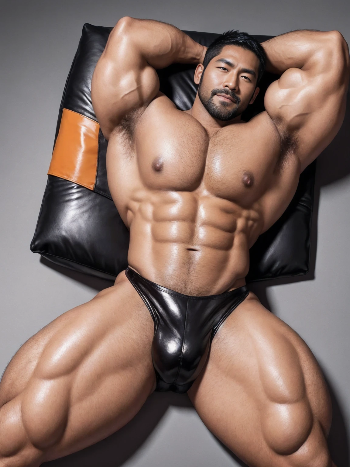 There is only one handsome Asian actor in the photo,35 years old,High target, Fitness,short hair, O-Shaped Beard,Perfect body, Dark skin color,Radiant Skin,Smooth skin,Muscle bulge, muscular, Very large pectoral muscles,Very sexy abdominal muscles,Very well-developed leg muscles,Huge concave and convex area,Brightens oily skin,Wearing black leather shiny thong,Handsome face, Correct and accurate male body proportions, Wear black socks,Lying on gray background。