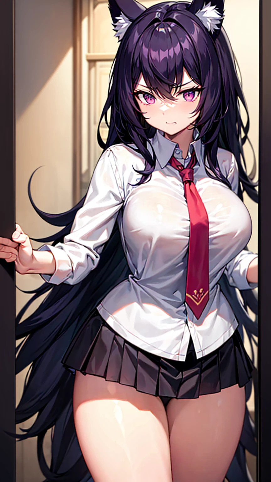 Student in , high, of 2.00 meters high, black fur, purple eyes, Normal breasts and long, sexy legs, she stands in front of you with an angry face because you are in her way.. tall girl, school, hentai, Standing, Short skirt, long legs, slim legs