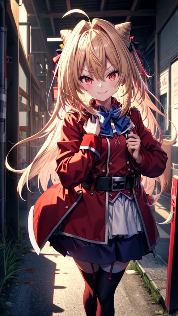 ((Best Quality)), ((Masterpiece)), (detailed), (full body view), {Terakomari Gandesblood}, {1girl, Alone, long hair, blonde hair, cone hair bun, hair ornament, hair intakes, Ahoge, bangs, red eyes, blue bowtie, red jacket, red coat, long sleeves, belt, white skirt, garter straps, white thighhighs}, red katana in hands, (he has a red katana), dominant smile, (dominant smile), {correct anatomy}, (remove noise), (16k resolution), (ultra definition), (quality 1.1), (Best Quality anime), (illuminated by god).