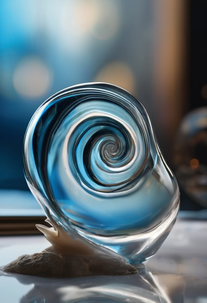Solo sea snail shell, Transparent glass-like texture, A very light touch of blue, Black background, Futurism, Depth of written boundary, masterpiece, Attention to detail, high quality, High resolution