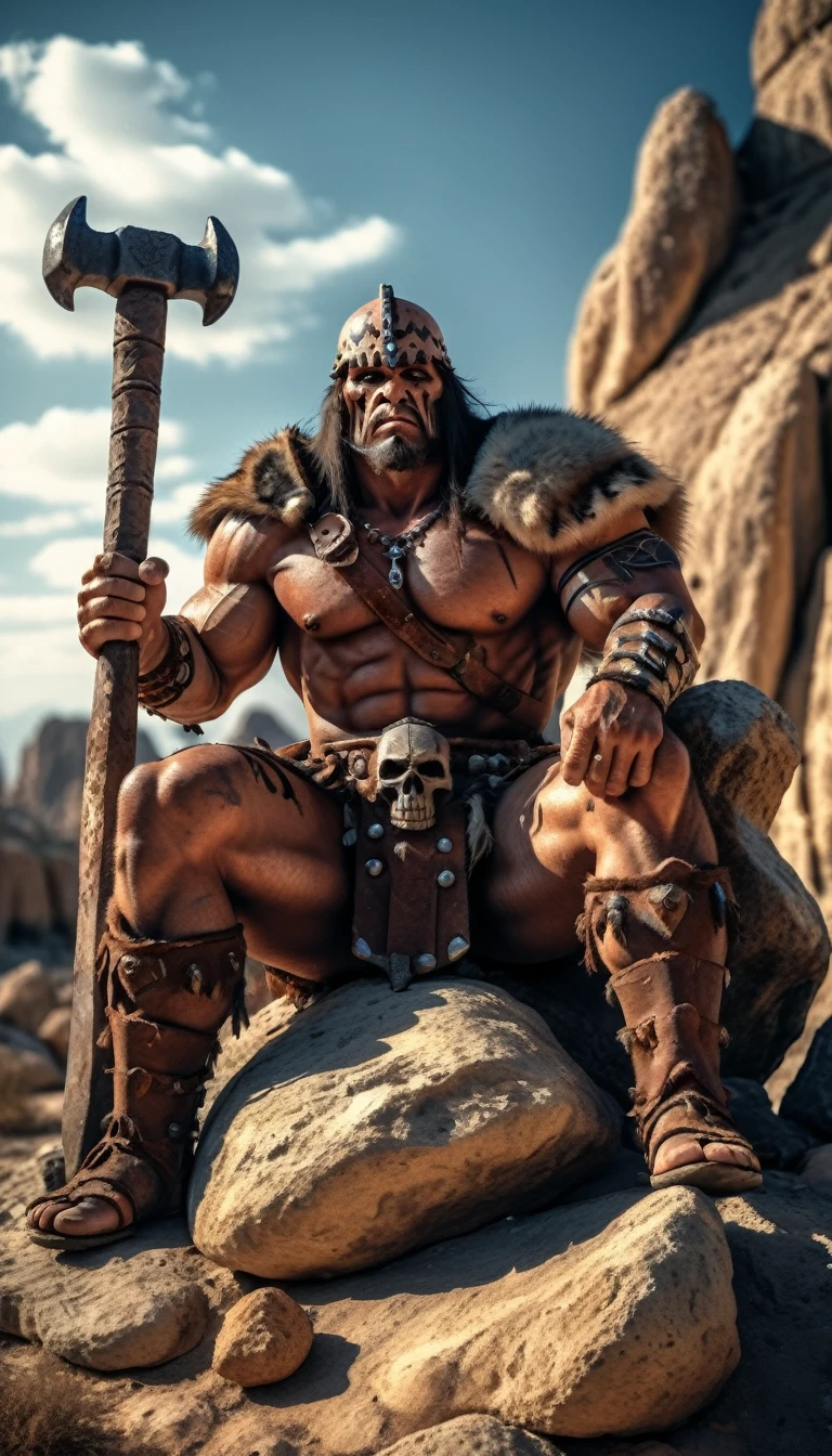 A barbarian warrior sitting in a big rock in middle desert, rodeado de muchos esqueletos, he have a big hammer, Perfect design, master piece, high texture, high details, Cinema style, hdr, light and shadows.