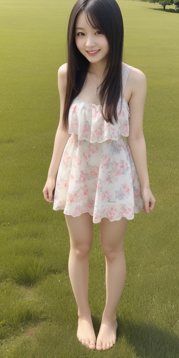Full body standing upright on grass barefoot、cute、20-year-old、Japanese、Big 