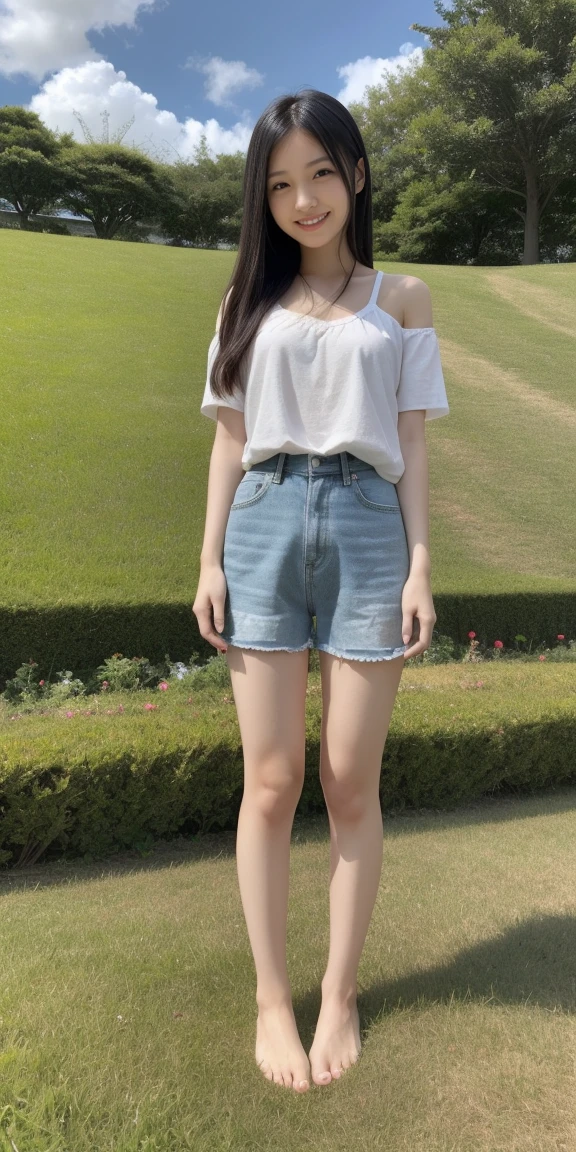 Full body standing upright on grass barefoot、cute、20-year-old、Japanese、Big