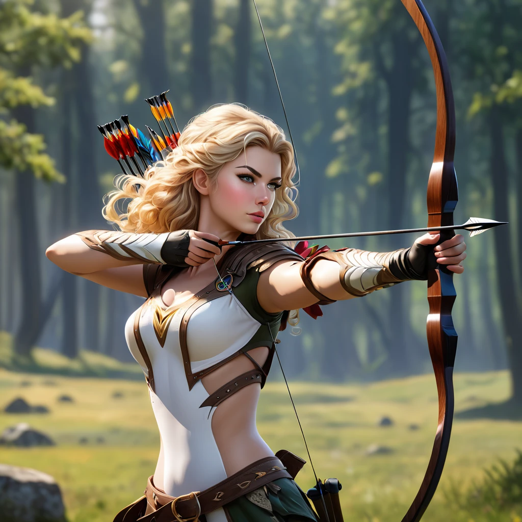 (A female archer at a shooting range aiming a bow and arrow at a target in the distance:1.7), 1girl, Alone, blonde hair, curly hair, long hair, amber eyes, bow, arrow, archer pose, perfect body, (anatomically correct:1.1), side view, (Masterpiece:1.3), (The best quality:1.3, (high detail:1.3), (super detailed:1.3)