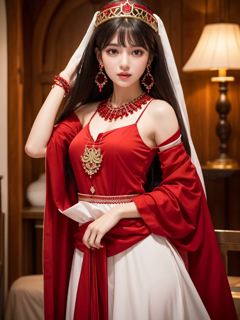 、Highest quality , sexy, Ultra-high resolution, RAW Photos, girl, indoor, White skin, Long Hair ,whole body,Black Hair、Red color clothes、Arab national costume、Red color crown、red necklace、Red wrist ornament、Red earrings、