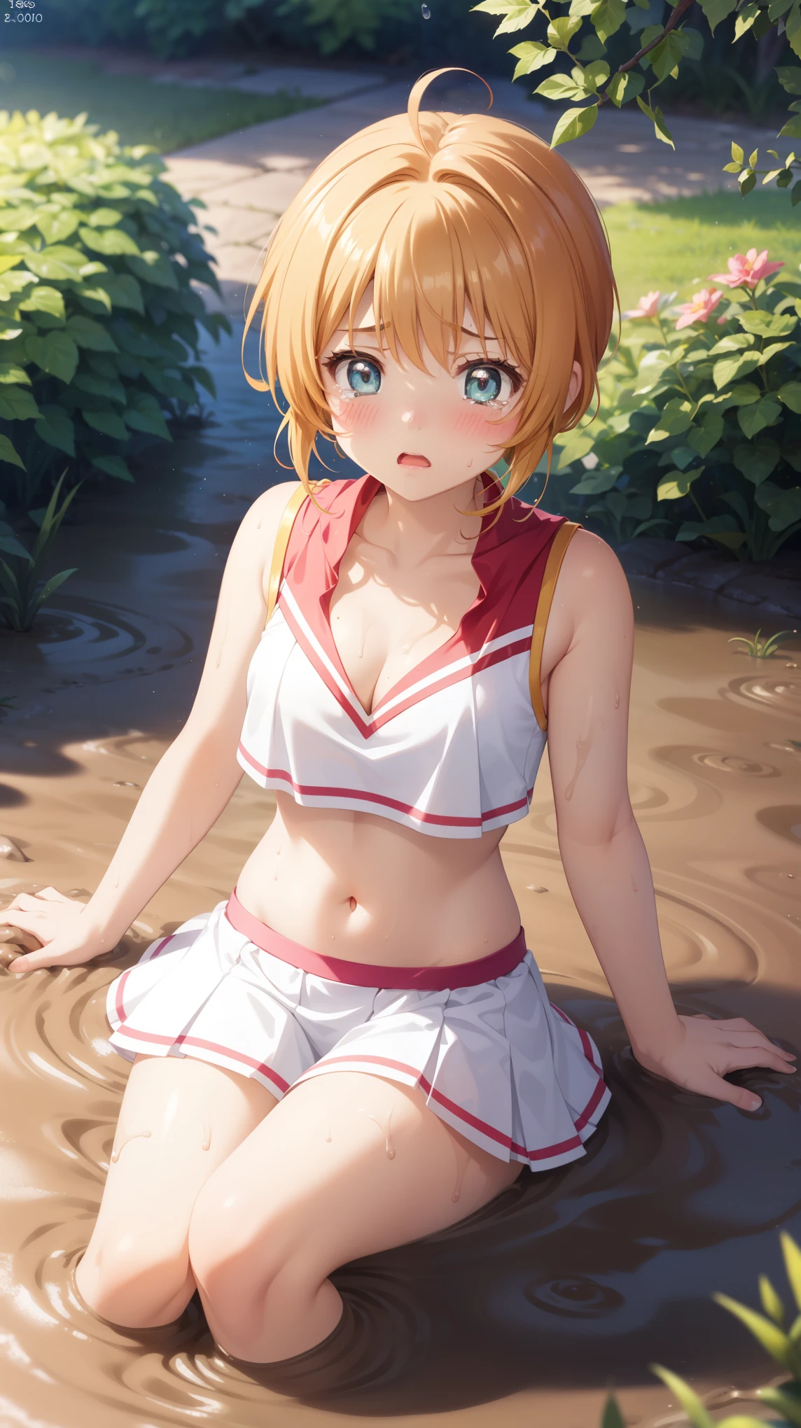 masterpiece, best quality, highres, 1girl, detailed face, blush, anime CG style, (medium breasts), (18 year old girl:1.3), (aged up), good lighting, perfect body, sakura kinomoto, glossy lips, cheerleader, midriff, cleavage, (curvy), garden, (sinking in mud), (upset), tears on cheeks, partially submerged