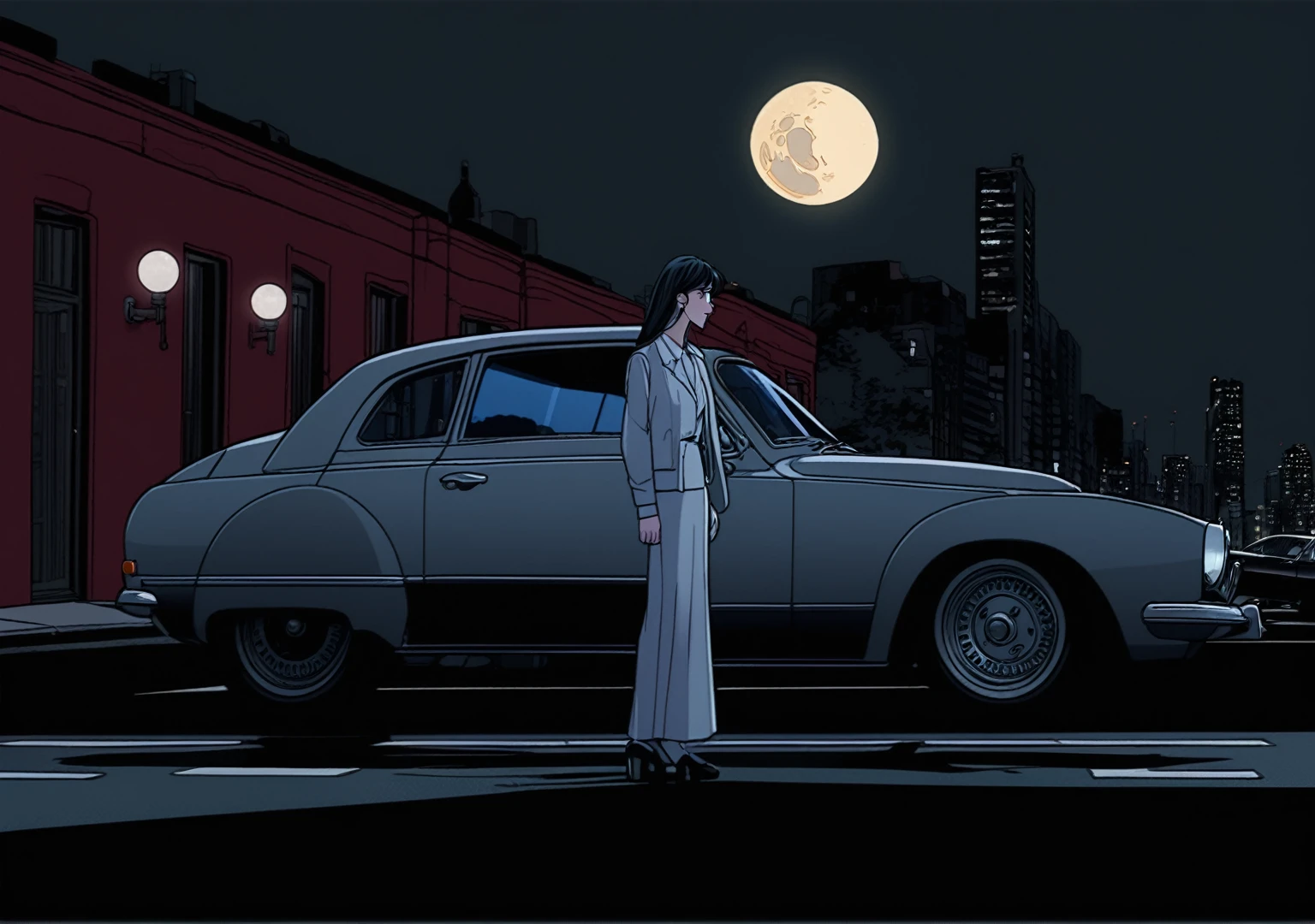 Cartoon illustration of a man standing in front of a car on a city street, Drawn in neo-noir style, on a street at night, calm night. digital illustration, watching night streets, drawn in photoshop, street night, nighttime scene, Drawn in the style of Marc Ariane, Cartoon whimsical scenes, Drawn in noir style, night, night time scene, red wall, two lane road, street lamp in front of the wall, shining street lamp, gtr 34, full moon, Shining Star, building behind the wall, shining window, shining car lights, sports tires,  one woman, black long hair, 