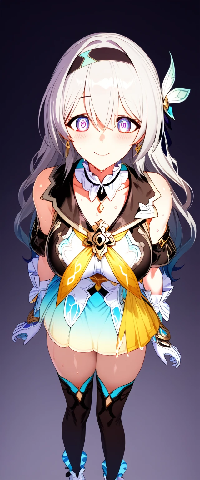 firefly \(honkai: star rail\), black thighhighs, hairband, gradient skirt, hair ornament, blouse, frilled collar, frilled boots, cropped jacket, yellow neckerchief,Mature content,masterpiece, best quality, 1girl, hairband, jewelry, bare shoulders, looking at viewer, blush, gloves, smile, collarbone, elbow gloves, necklace, long hair, earrings, solo focus, thighs, thighhighs ,sexy pose,brainwashed,sexual,sexy,crazy smile,corruption,hypnosis,Illustration,wet,liquid,(Satou Kuuki),huge clear eyes, clear and clean background,
