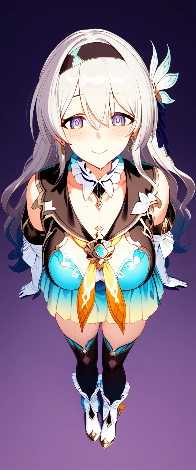 firefly \(honkai: star rail\), black thighhighs, hairband, gradient skirt, hair ornament, blouse, frilled collar, frilled boots, cropped jacket, yellow neckerchief,Mature content,masterpiece, best quality, 1girl, hairband, jewelry, bare shoulders, looking at viewer, blush, gloves, smile, collarbone, elbow gloves, necklace, long hair, earrings, solo focus, thighs, thighhighs ,sexy pose,brainwashed,sexual,sexy,crazy smile,corruption,hypnosis,Illustration,wet,liquid,(Satou Kuuki),huge clear eyes, clear and clean background,
