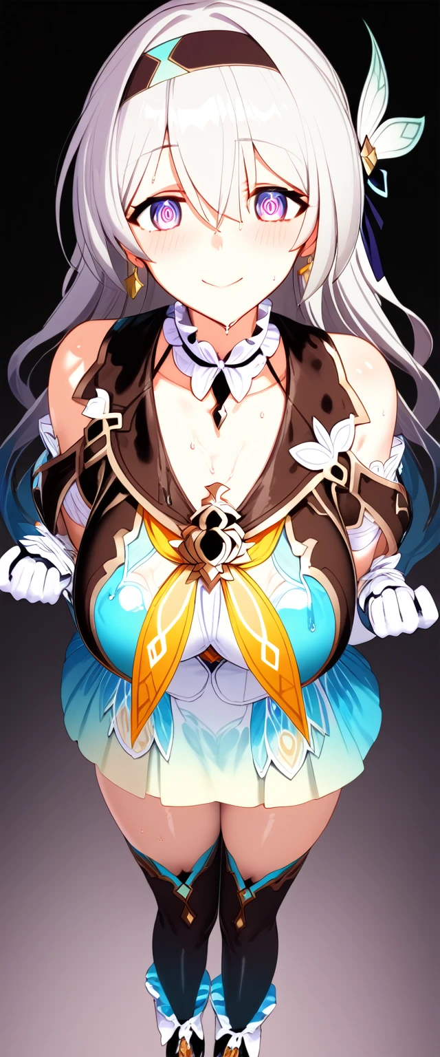 firefly \(honkai: star rail\), black thighhighs, hairband, gradient skirt, hair ornament, blouse, frilled collar, frilled boots, cropped jacket, yellow neckerchief,Mature content,masterpiece, best quality, 1girl, hairband, jewelry, bare shoulders, looking at viewer, blush, gloves, smile, collarbone, elbow gloves, necklace, long hair, earrings, solo focus, thighs, thighhighs ,sexy pose,brainwashed,sexual,sexy,crazy smile,corruption,hypnosis,Illustration,wet,liquid,(Satou Kuuki),huge clear eyes, clear and clean background,