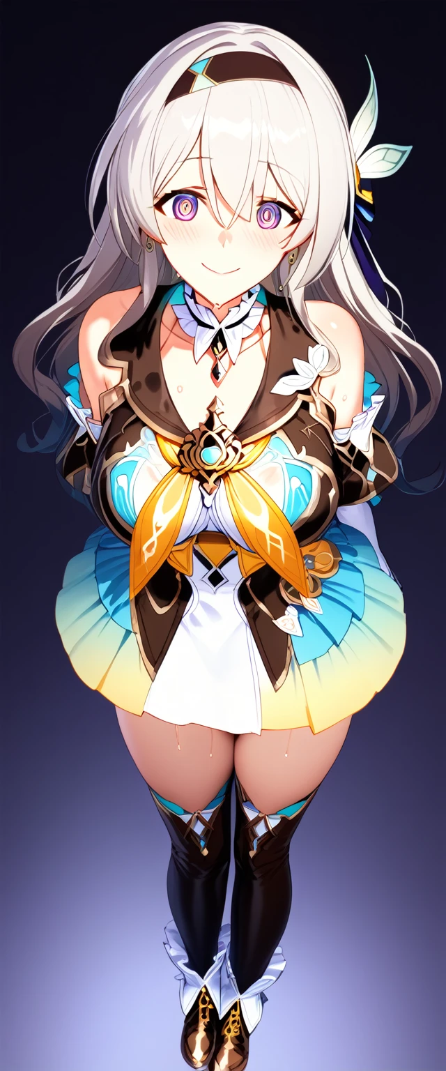 firefly \(honkai: star rail\), black thighhighs, hairband, gradient skirt, hair ornament, blouse, frilled collar, frilled boots, cropped jacket, yellow neckerchief,Mature content,masterpiece, best quality, 1girl, hairband, jewelry, bare shoulders, looking at viewer, blush, gloves, smile, collarbone, elbow gloves, necklace, long hair, earrings, solo focus, thighs, thighhighs ,sexy pose,brainwashed,sexual,sexy,crazy smile,corruption,hypnosis,Illustration,wet,liquid,(Satou Kuuki),huge clear eyes, clear and clean background,
