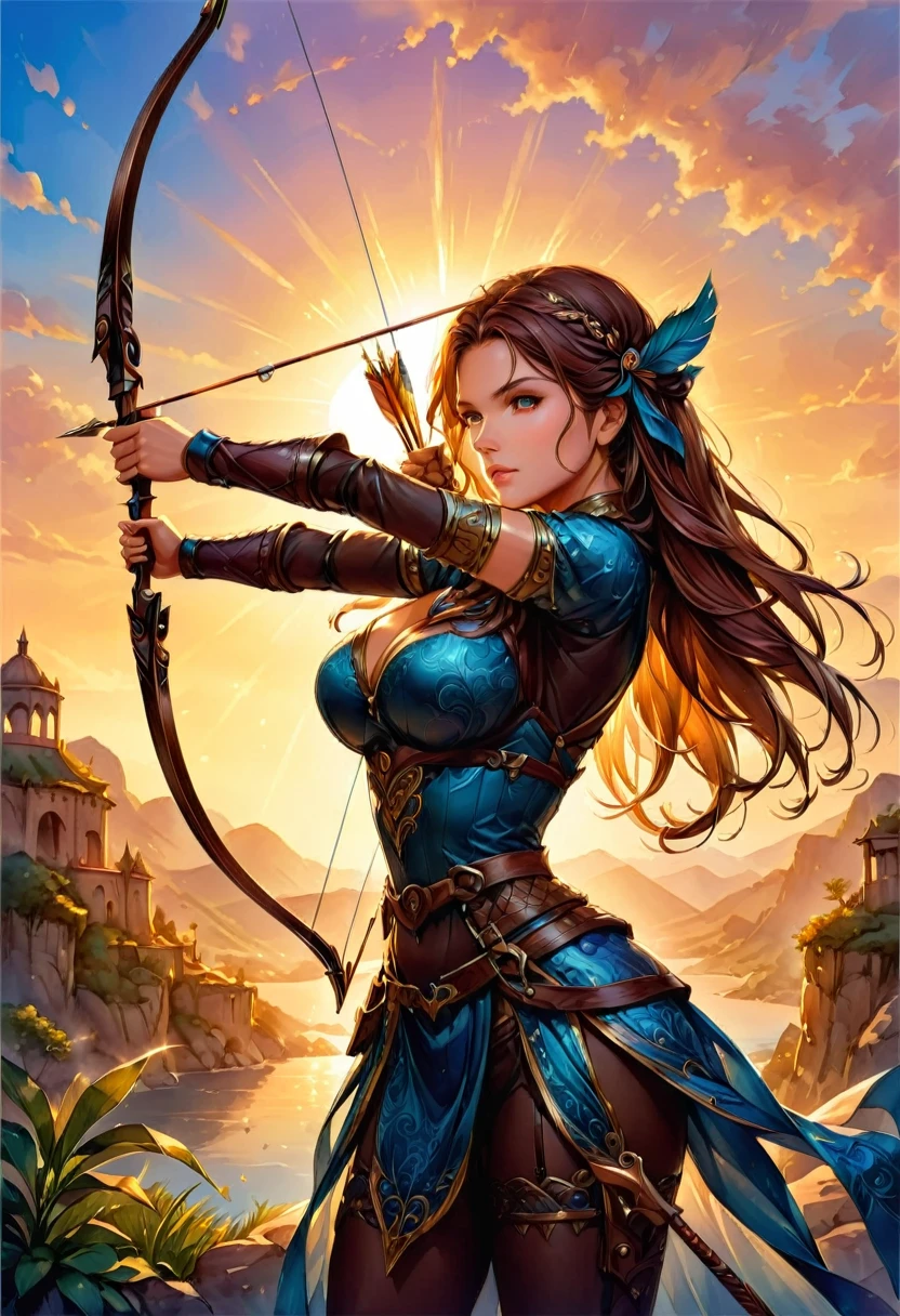 a watercolor illustration of a exquisite beautiful female archer, (silhouette artwork: 1.3), ready for action as the sun rises, fantasy art, ), sun rising behind the archer, ready to act,  ultra feminine, with a long curvy hair, dynamic bow, sting drawn to the cheek , arrow ready to be shot, (arrow tip glimmers: 1.1), sunrays, divine rays, high details, best quality, 16k, [ultra detailed], masterpiece, best quality, (extremely detailed), dynamic angle, Aiming a Bow, bow (weapon)