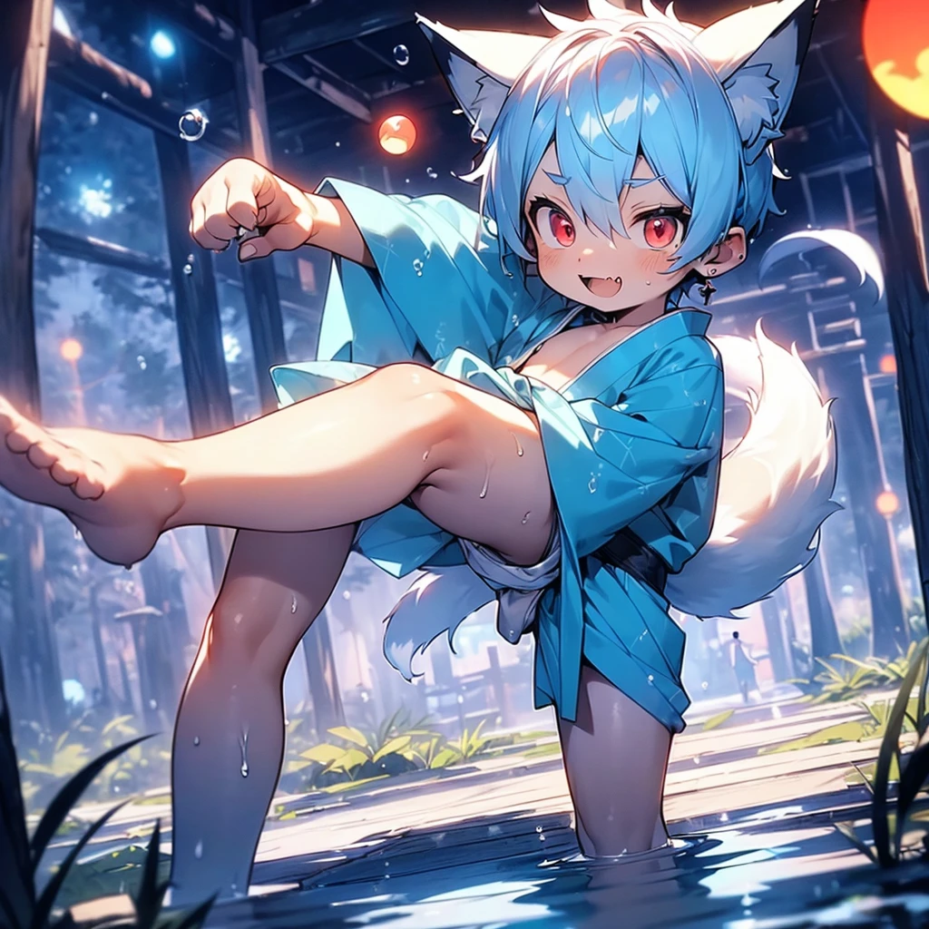 (solo:2), (boldline:-1.7), (dynamic), (paw pose:1.4), (arched back), ((bubble)), (standing:1.5), (spread legs:1.3), (((fang))), (((best finger))), BREAK (best quality:1.5), (absolutely resolution:1.5), (ultra detailed:1.5), (masterpiece:1.5), (perfect face), (detailed face), (detailed eyes), (best eyes), (cute face), (shota:2.1), BREAK (blue kimono:1.5), BREAK (white loincloth:1.5), (fox ears:1.5), (fox tail:1.75), (see throgh wet clothes:1.3), (bulge:1.6), (skinny:1.3), BREAK (light blue hair:1.5), (spiked hands), (wine red eyes:1.4), (eyes with highlight:1.6), ((mole under eye)), (sweaty skin), (chuckling:1.5), ((earrings)), (shiny skin:1.3), BREAK (forest:1.5), (blun orbs:1.5), (((at night))), ((wind blowing)), ((nipple)), (abs), groin, (from above), look up,