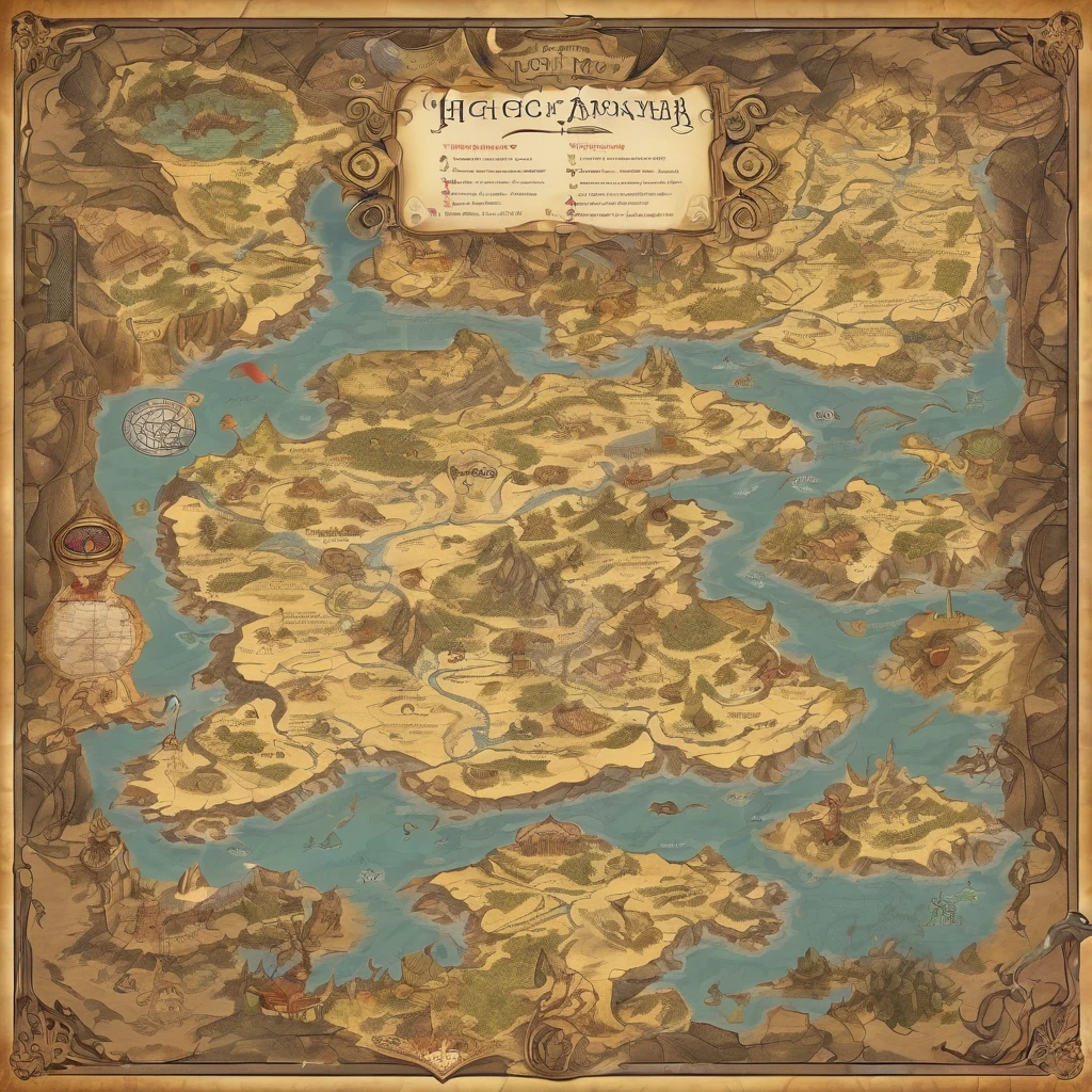 A high fantasy treasure map laid out on a table, Contains many clues to the dragon&#39;s treasure trove