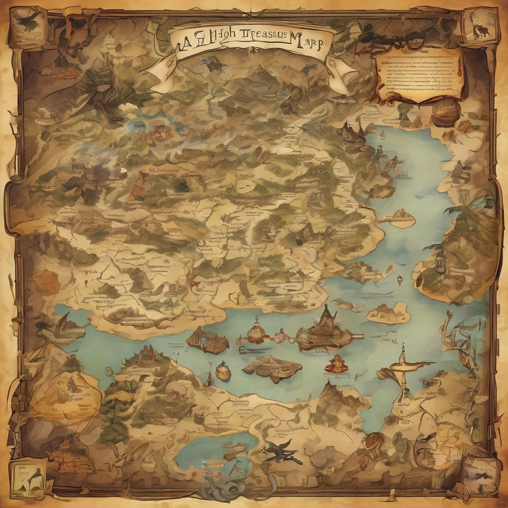 A high fantasy treasure map laid out on a table, Contains many clues to the dragon's treasure trove