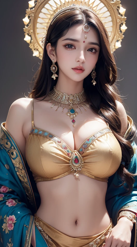 1girl, cute face,pretty face, jaw dropping beauty, Indian clothes, ((ultra high detailed 1.9)),((ultra high resolution 1.9)),((ultra high quality 1.9)),(masterpiece)), (perfect lightings), (very  1.9)), ultra huge breast, deeline sexy navel