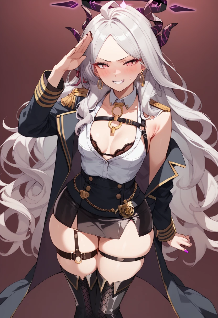 Score_9, score_8_up, score_7_up, score_6_up, source_anime, gyaru, slutty_clothes, expressiveh, hina_\(blue_archive\), silver hair, horns, halo, parted bangs, long hair, embarrassed, salute, gold earrings, white shirt, lace trimmed bra, small breasts, cleavage, jewelry, military cap, military uniform, epaulette, jacket, harness, thigh strap, black thigh boots, layered skirt, miniskirt, smirk, dark theme, dark persona, skindentation, wide hips