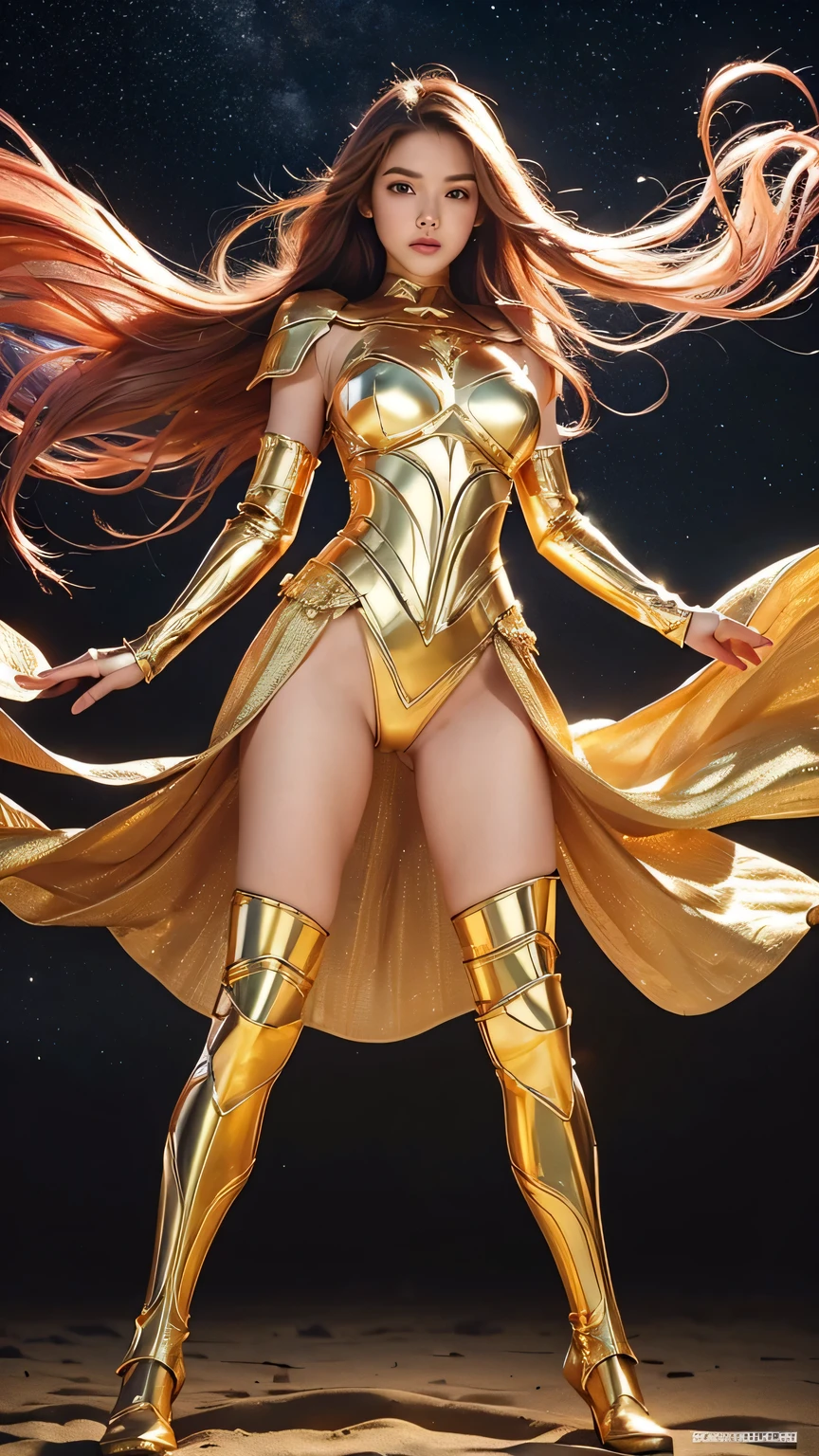 ((best quality)), ((masterpiece)), (ultra detailed lights), ((full body shot)), ((skinny body)), indonesian girl, extremely beautiful, ((slim body)), thighs gap, ultra face details, 20 years old, ((pink curvy-hair)), ((hair blown by strong winds :1.3)), Award-winning photograph, ((symmetrical pose)), goddess in ((full body golden black armor)) are in the middle of battlefield, posing in the middle, intricate details, ((thight golden armour)), ((extremely details armor)), ((tight latex panties)), ((24k-gold armor)), ((edge luminous armor)), cameltoe, luminescent, epic lights reflections, ((she is posing with golden bow)), at beach, full of stars, orange clouds, nebula sky, epic aurora borealis in the background, shooting stars, ((from below))