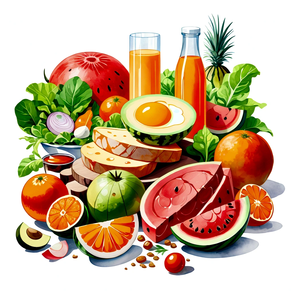 ((masterpiece)), ((best quality)), Healthy food illustration. gouache watercolor style, vibrant color, there are various fresh food in composition, juice, infused water, milk, orang juice, tomato juice, a toasted egg, oath, wheat, triangle cheese, melon, apples, avocadoes, orange, onion, potatoes, bread, glass of mineral water, fresh meat, chicken meat, melon, watermelon, paprika, orange, lettuce and many other, 8k, vibrant color, against brilliant white background, isolated in white